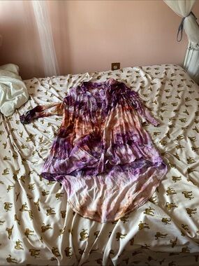 Tie-Dye Flowing Open Cardigan in Purple and Brown Tones
